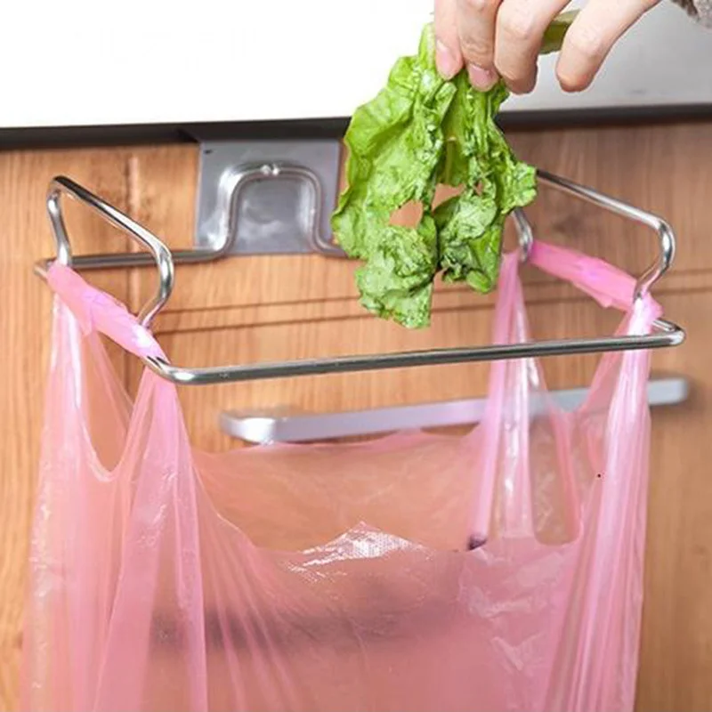 

Kitchen Trash Rack Cabinet Door Garbage Bags Holder Stainless Steel Closet Garbage Storage Holder shelf organizer space saving