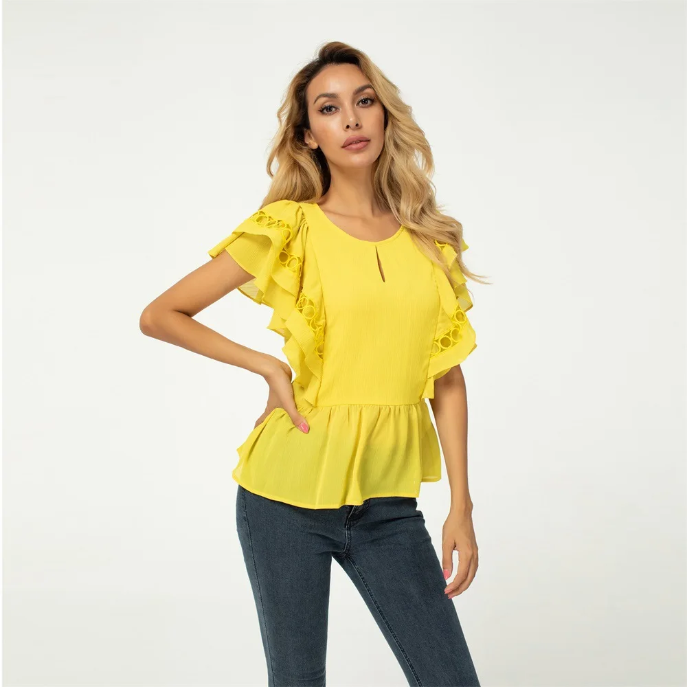 Летний дизайн 2020 новые женские рубашки двухслойный Топ с короткими рукавами и