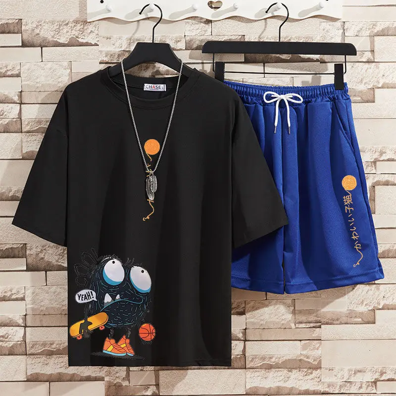 

2021 Street Clothing Men's and Women's Suit Hip Hop Cartoon Men's Short-sleeved T-shirt+casual elastic waist short sportswear