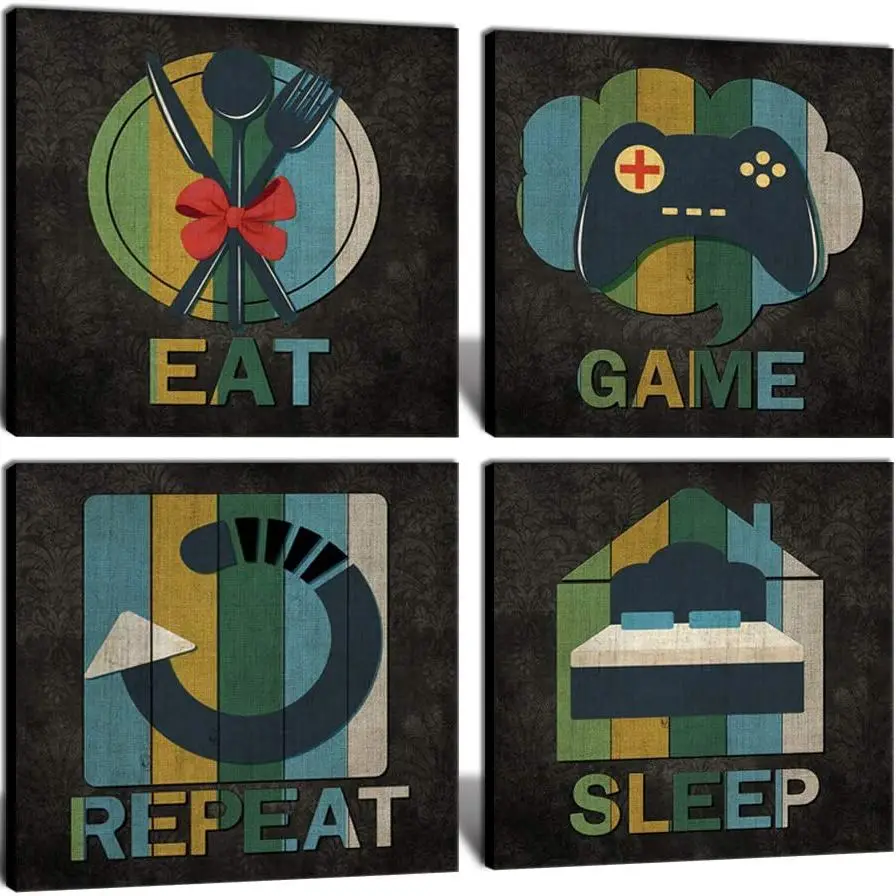 

4 Pieces "Eat Sleep Game Repeat" Quote Birthday Gift Funny Kids Posters Canvas Picture Wall Art Home Decor Paintings Decoration