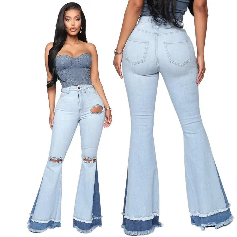 

Easy Matching Women Solid Ripped Flared Jeans Streetwear Lady High Waist Skinny Hollow Out Bell-Bottomed Denim Pant 2020 Autumn
