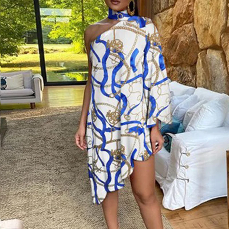 

Women One Shoulder Short Dress Summer Irregular Peacock Print Dresses Laides Loose Mini Dresses Beachwear