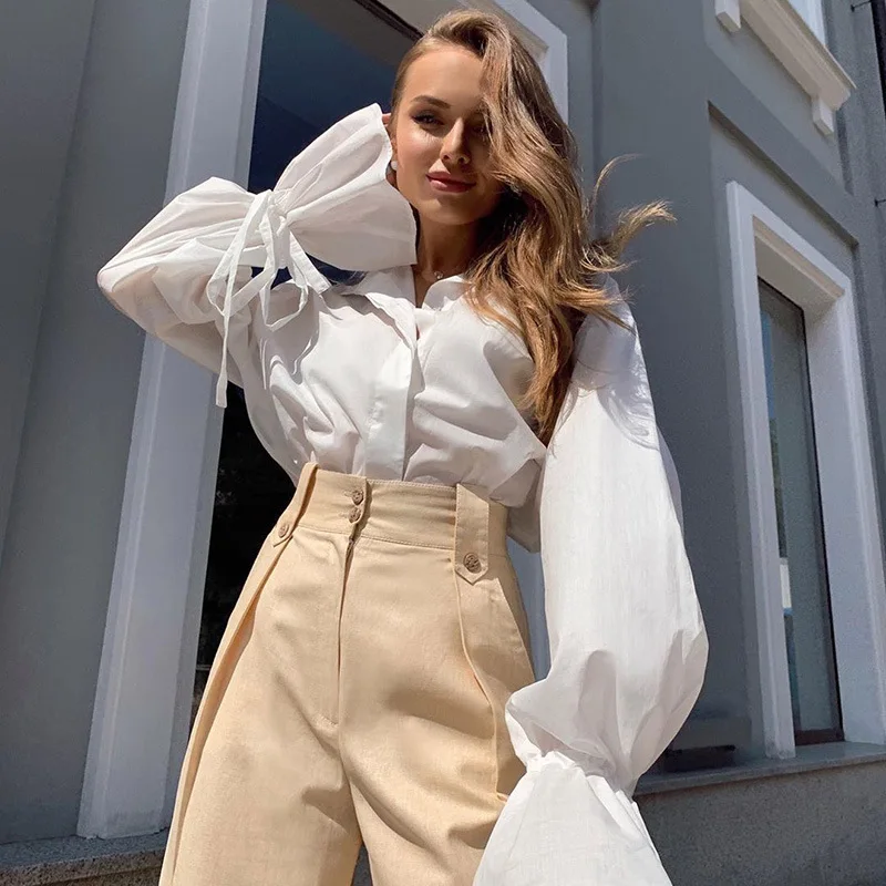 

Autumn Sexy Shirt Women Lapel Cotton and Linen Flower Lace-up Sleeve Shirt Women Blouses Collar Blouse Sexy Tops for Women