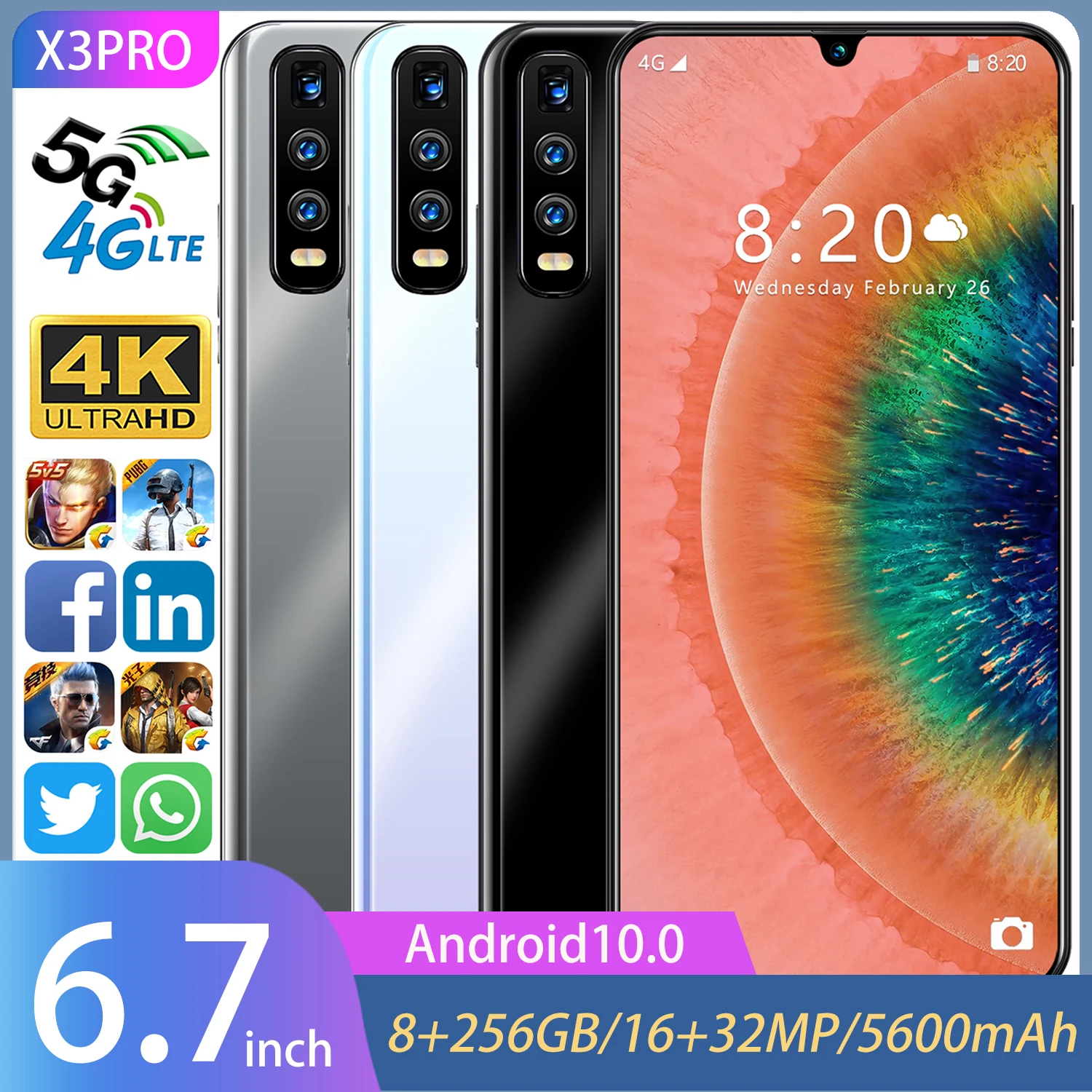 

Hot-selling Global High-definition Smartphone X3 Pro 6.7-inch 5600mAh Large Battery 8GB 256GB 16+32MP Facial Fingerprint Android