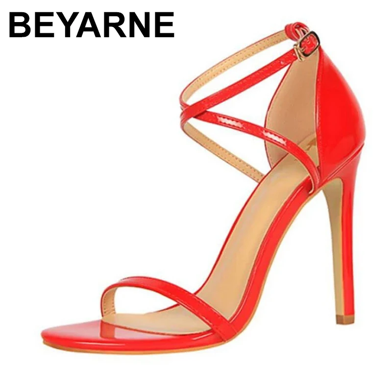 

BEYARNEFashion Банкетная женская обувь на очень высоком каблуке и тонком каблуке с открытым носком из лакированной кожи