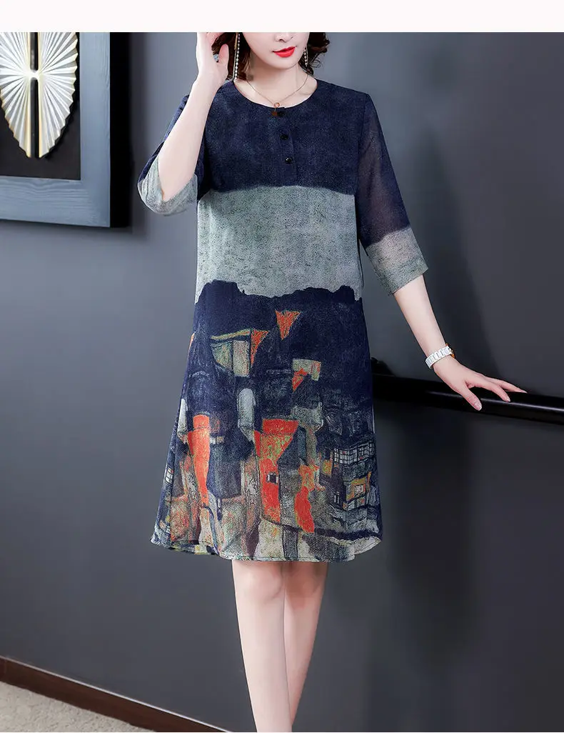 

2021 New Summer Middle Age Women Fashion Loose Dresses Floral Print Patchwork Robe Dress Elegant Plus Size 5xl Vestidos B21