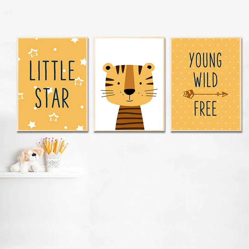 Тигр мультфильм животных Холст Детская плакат Wild Free Детские стихи настенный
