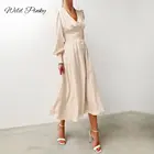 Платье WildPinky женское атласное ТРАПЕЦИЕВИДНОЕ, элегантное однотонное винтажное длинное с рукавами-фонариками, V-образным вырезом и высокой талией, на пуговицах
