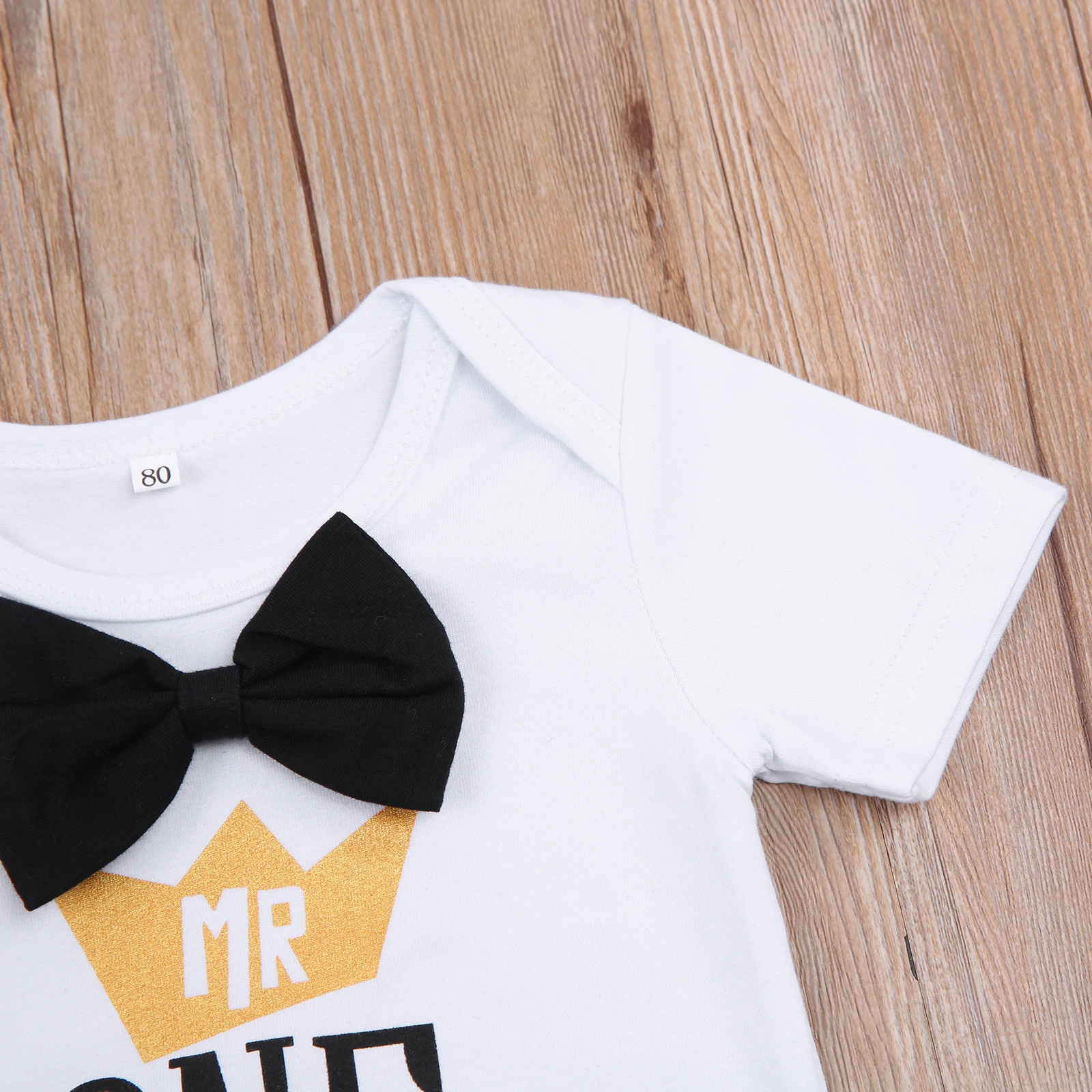 

OPPERIAYA 2Pcs Infant Casual Outfits Summer Letter Crown Print Bowknot Short Sleeve Round Neck Bodysuit Solid Suspender shorts