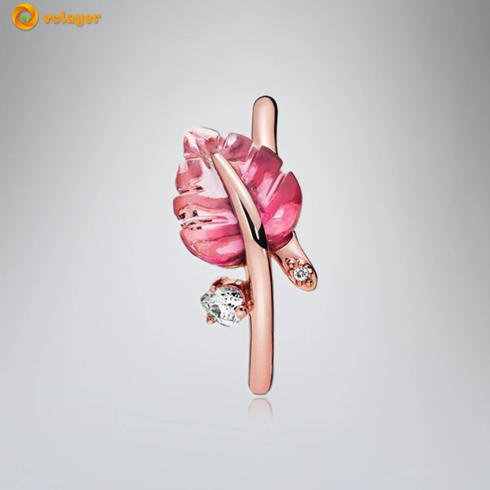 Кольцо Volayer из серебра 925 пробы с розовым муранским стеклом листьями Оригинальное