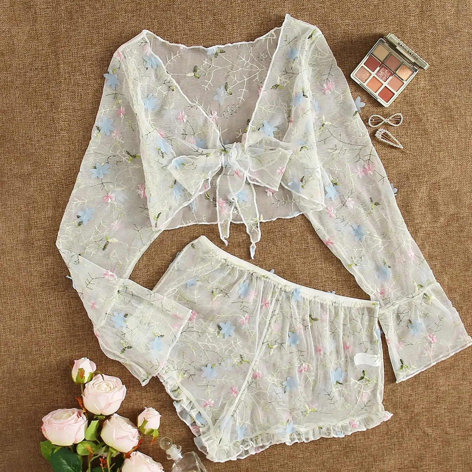 

Сексуальное женское белье с вышивкой, прозрачная Пижама, пижамные комплекты, топы, шорты, костюм, пижама с длинным рукавом и бантом