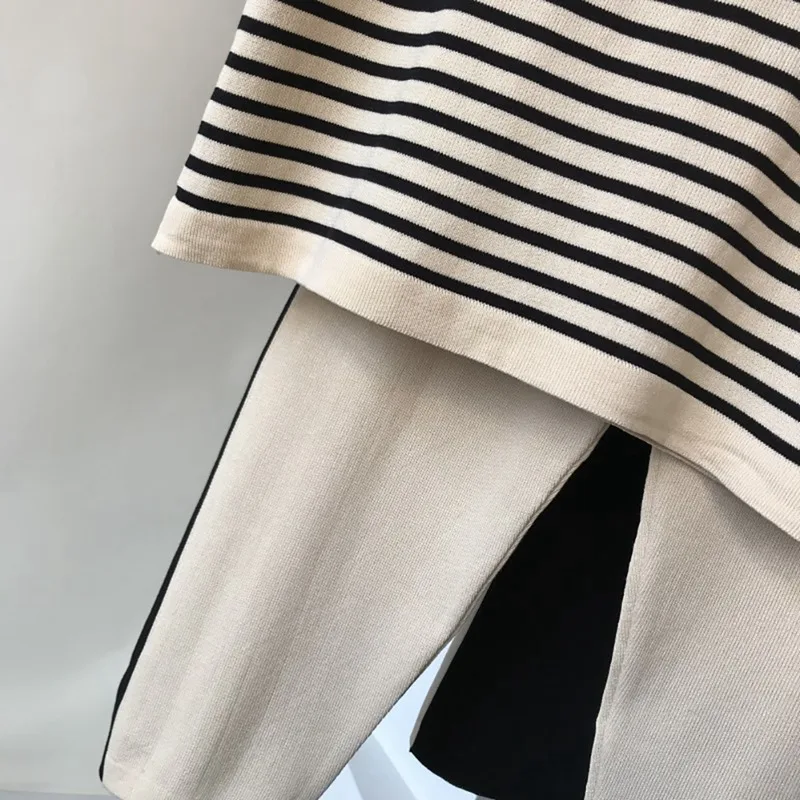 

Streetwear Women Set T-shirt and Pant Elegant Striped Turn-down Collar School Student Style Tee tshirt Solid Color Pant