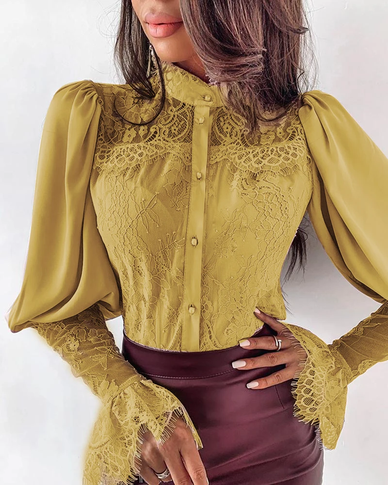 

Lace Patchwork Puff Sleeve T Shirt Women Buttoned Petal Sleeve Elegant Office Ladies Tops Summer 2019 Blusas Mujer