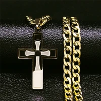 hip hop cross stainless steel choker necklace gold color double layer long necklace womenmen jewelry collier homme n1172s05