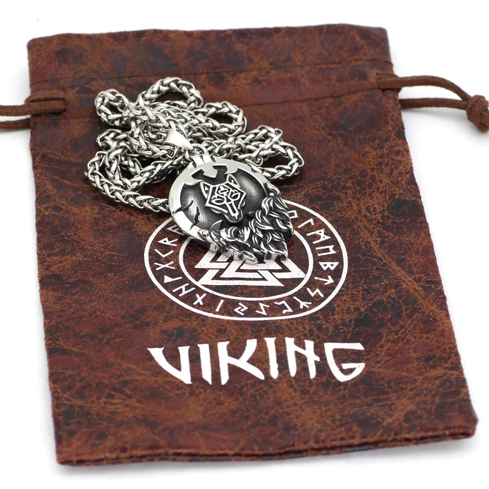 Men stainless steel Nordic viking Fenrir Wolf Rune necklace with gift bag | Украшения и аксессуары