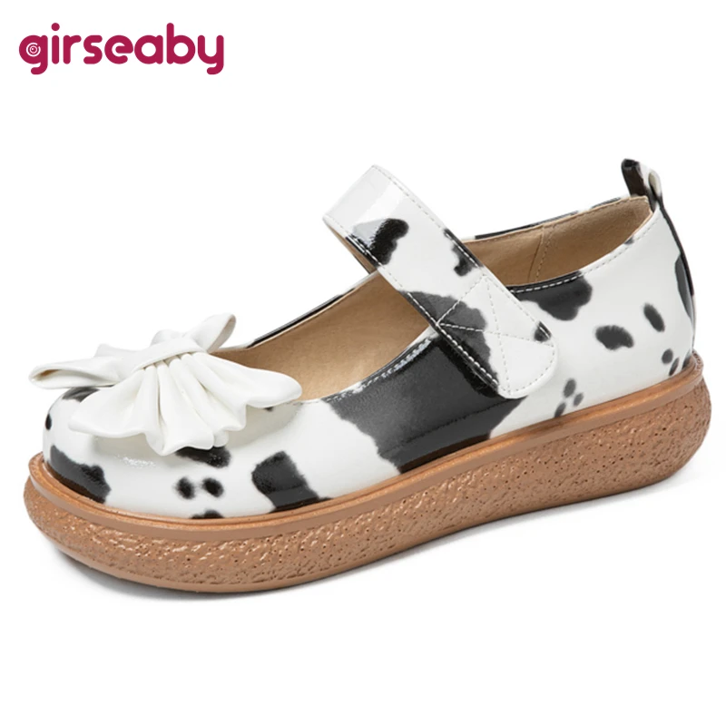 

Girseaby New 2021 Ladies Flat Shoes Round Toe Bowtie1 Hook&Loop Cow Cute Stylish Bowtie Big Size 29-43 Casual Summmer F1146