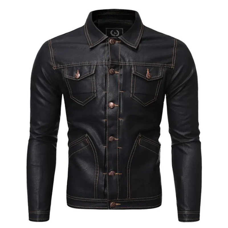 Men Leather Jackets 2021 Spring Fashion Casual Button Pockets Coat Vintage Punk Style Faux Outwear Jacket | Мужская одежда