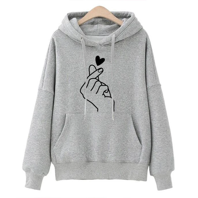 

Female Pullovers Bangtan Bangtan Women Hoodies Casual Kpop Finger Heart Love Pattern Hooded Sweatshirts Long Sleeve