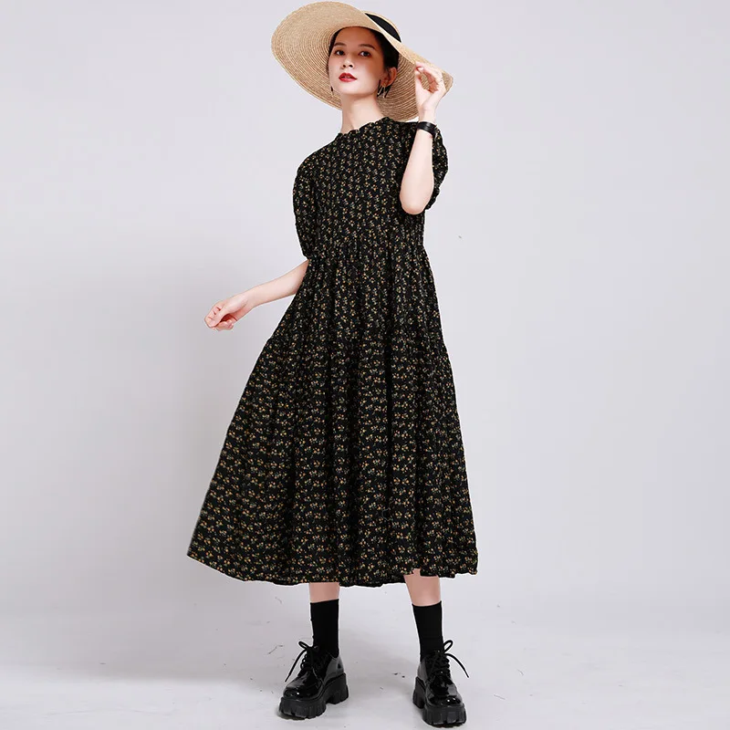 

Light yellow small floral dress women summer 2021 new style over-the-knee puff sleeve long dress