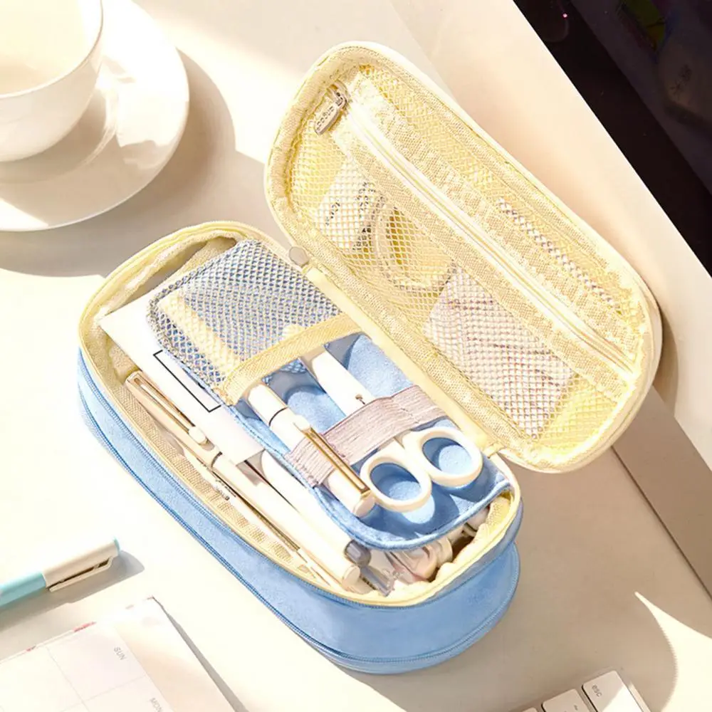 

Kawaii Pencil Case Large Capacity Canvas Stretch Double Layer School Pencil Case Pen Box Stationery Storage Zipper Bag