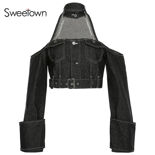 black Sweetown готический, панк, черный джинсовый жакет с поясом от плечевые Цепи чокер воротник женские куртки и пальто уличная - Цвет: black