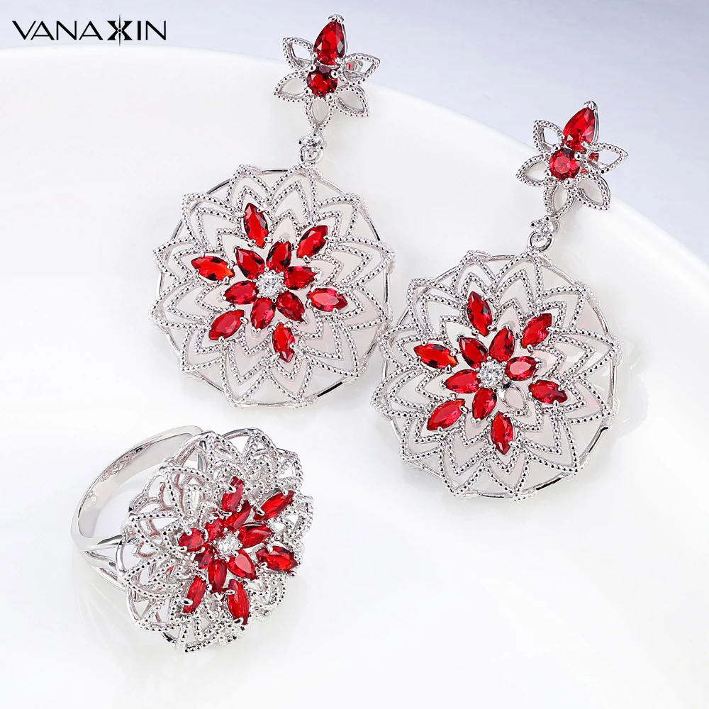 

VANAXIN, шармы для вечеринки, Женские Ювелирные наборы, Обручальные, капли воды, AAA, цирконы, красные, CZ, Кристальные серьги, кольца, Brinco Feminino, пода...