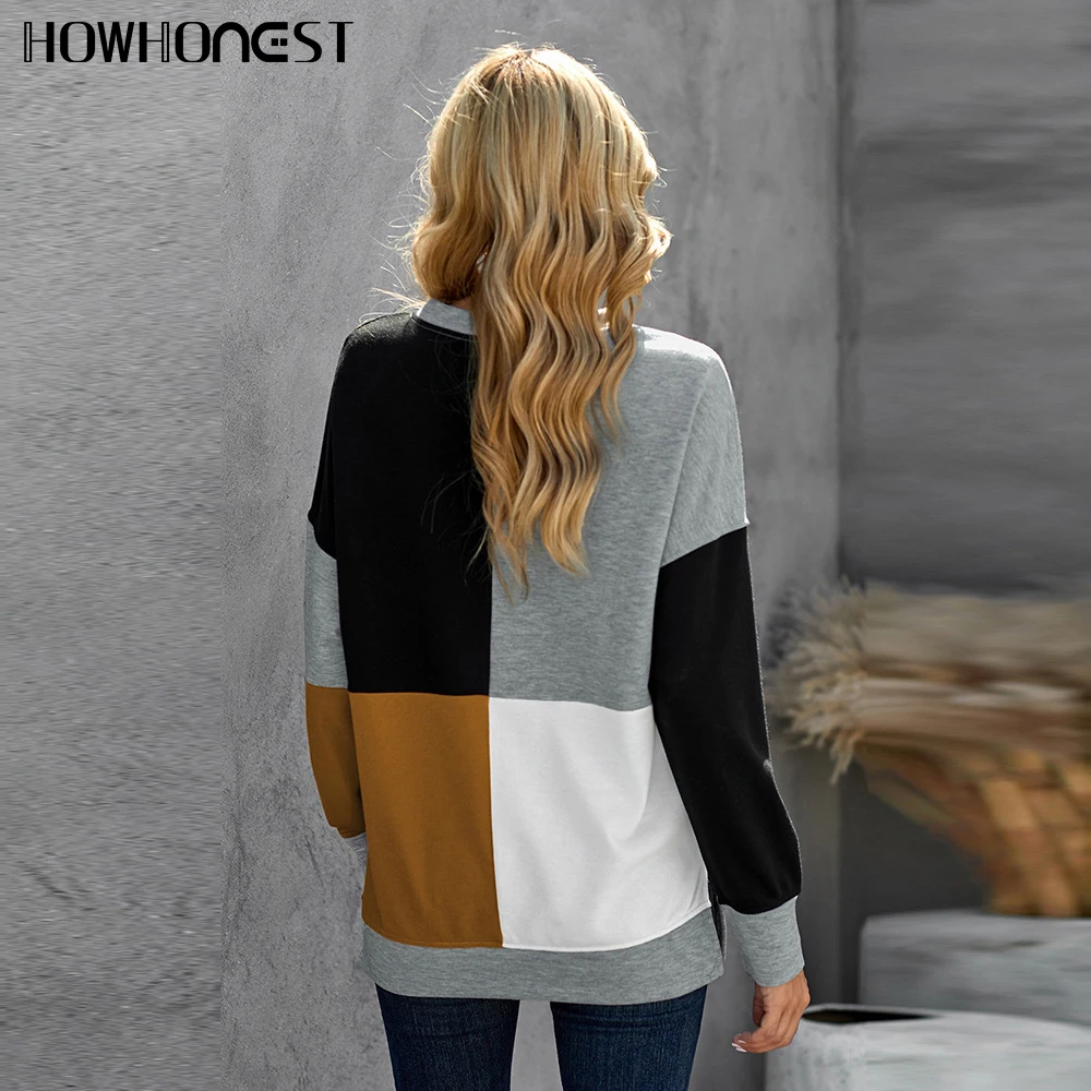 Свитшот женский с круглым вырезом пуловер цветными вставками худи длинным