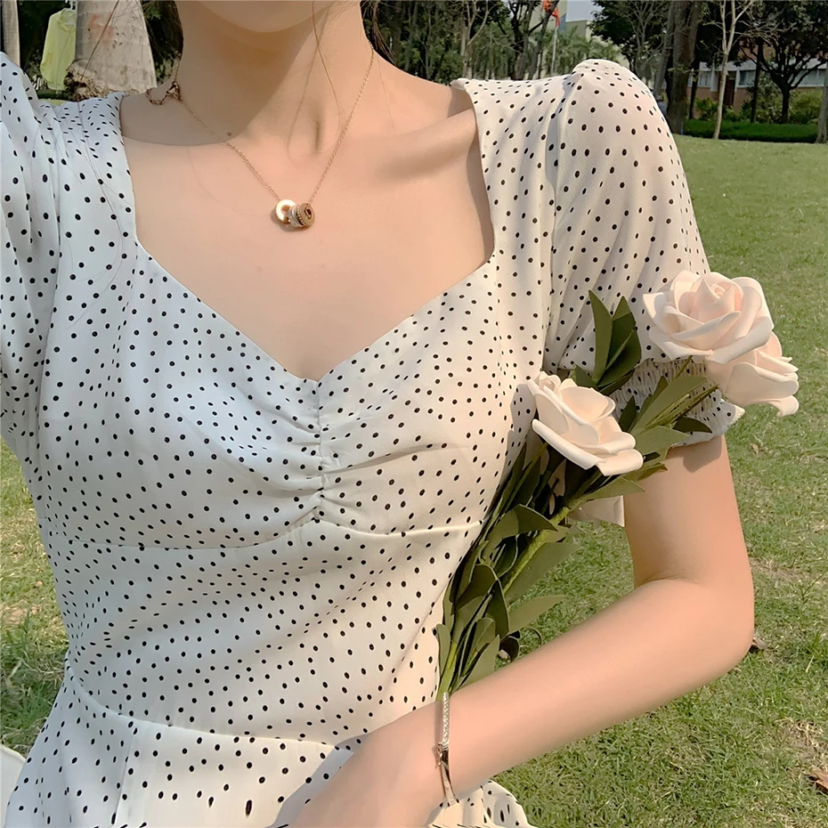 

Zoulv Polka Dot Dress Summer Split Sexy Dress Puff Sleeve High Waist Elegant Vestidos Mujer Dresses Summer Puff Sleeve Clothes