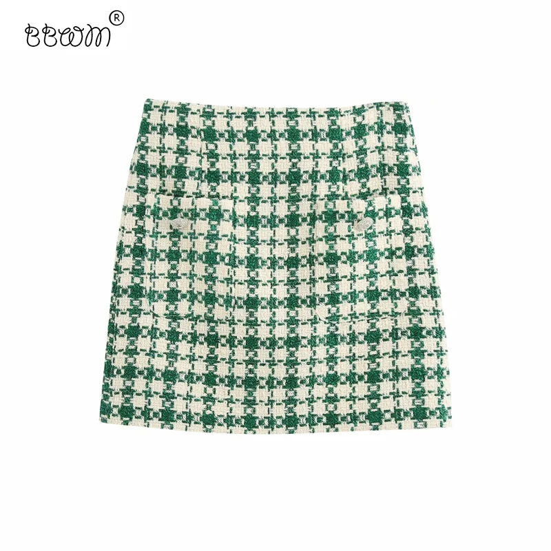 Stylish Chic Pockets Green Plaid Tweed Mini Skirt Women 2020 Fashion High Waist Skirts Casual Jupe Femme