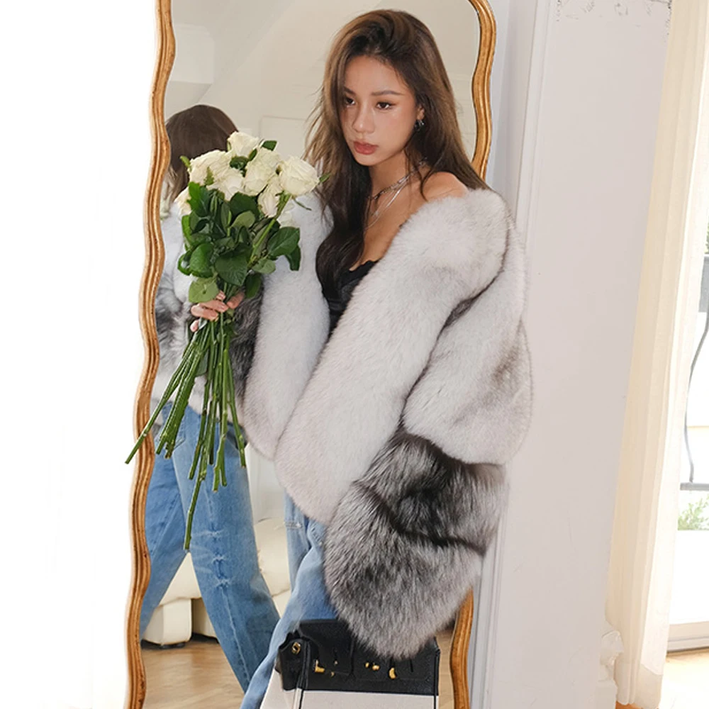 Woman Fashion Short Natural Fox Fur Jacket V-neck Luxury Women Real Fox Fur Coats Female Casual Winter Trendy Thick Fur Overcoat