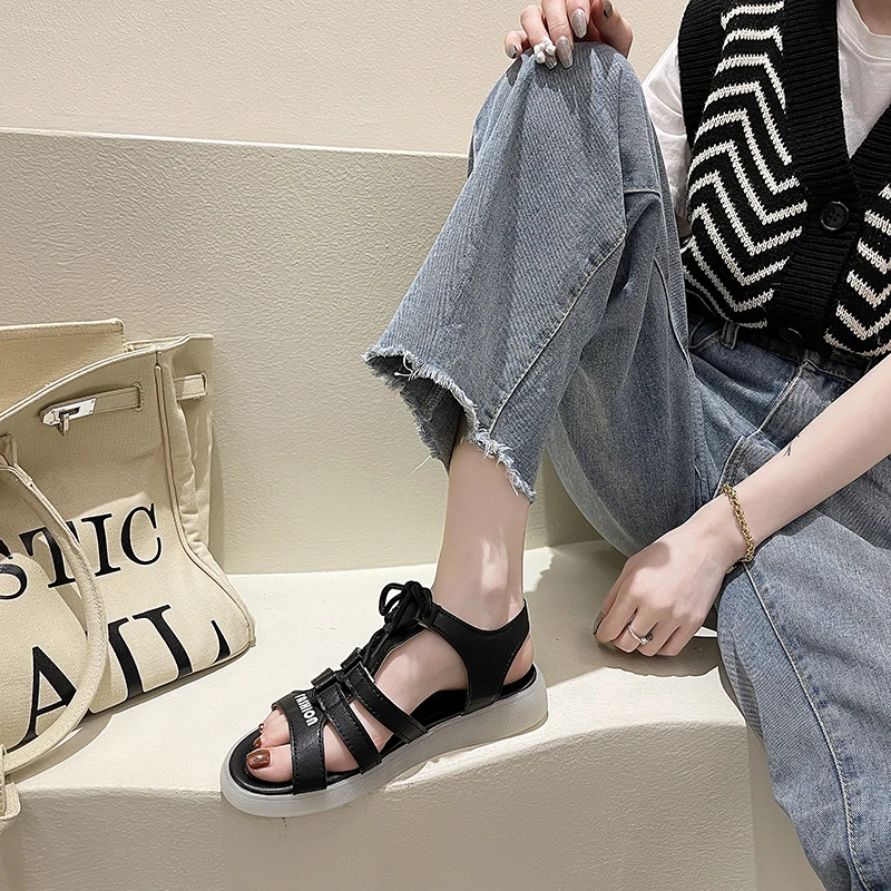 

Roman Sandals Shoes Open Toe 2021 Summer Strappy Heels Suit Female Beige All-Match Gladiator Peep Low New Retro Beach Fashion C