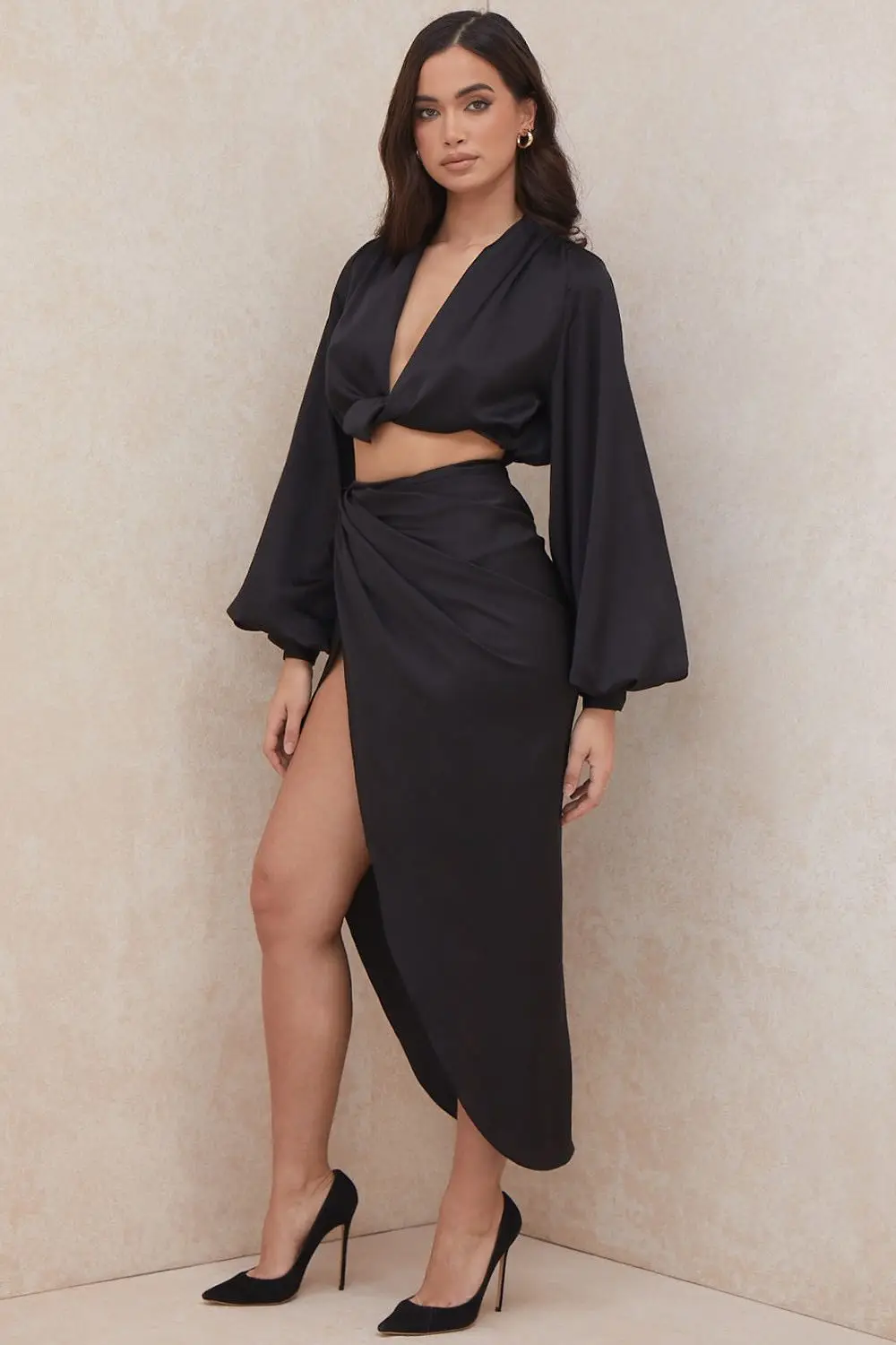 

2 Piece Set Women Summer Beach Vacation Outfits Sexy Cropped Shirts High Split Long Skirt Matching Long Sleeves Crop Tops Suit