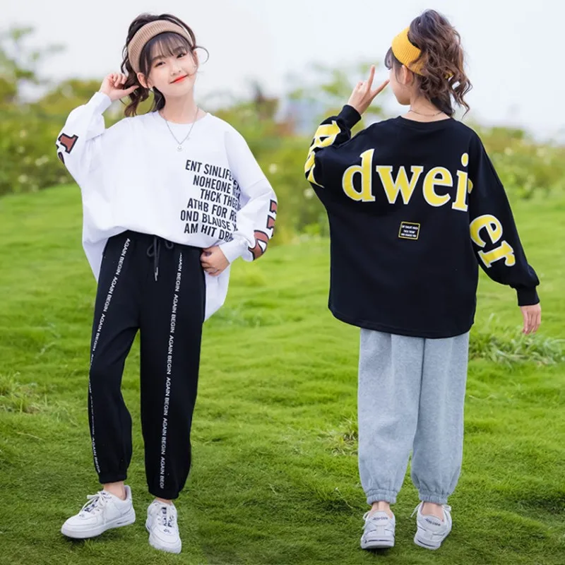 New Girls Clothes Set Teen Girls Tracksuit Spring Autumn Long Sleeve Letter T Shirt &Pants 2pcs Children Suits 6 8 10 12 14 Year