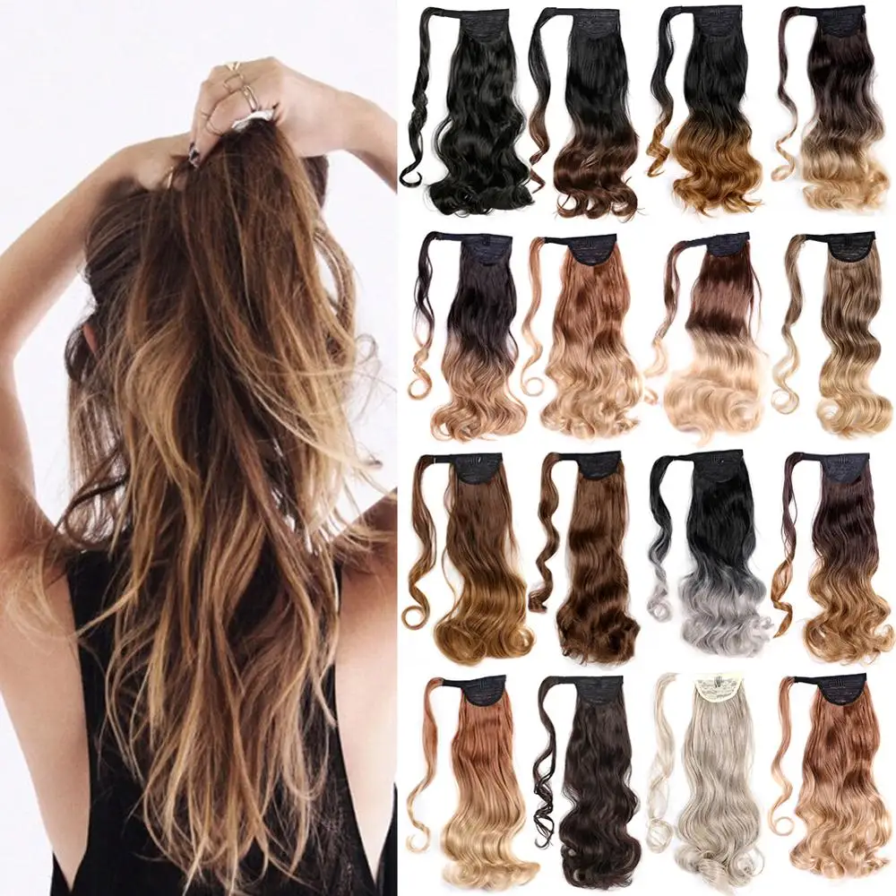 

Belle Show 22" Long Wavy Clip In Ponytail Hair Extensions Wrap Around Synthetic Ponytail Fake Hair Pony Tail Grey Blonde Brown