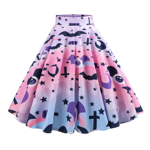 Retro Ghost Bat Print Halloween Skirt 50s High Waist Hepburn Vintage Christmas Jurken Long Cotton A-Line Party Women's Clothing