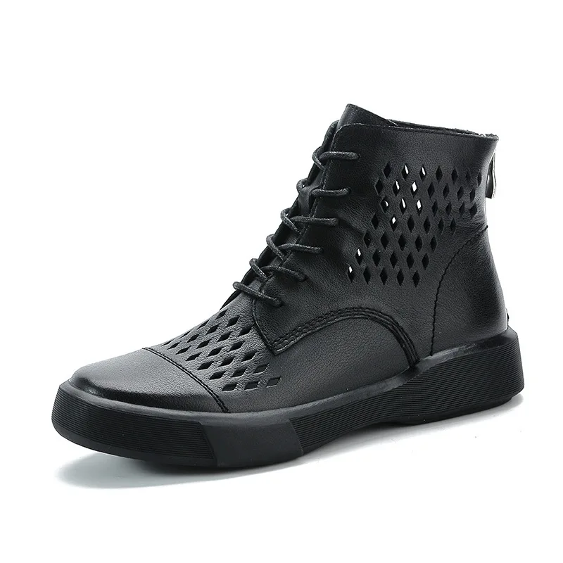 

Real leather flat heel Martin boots hollow short boots women's summer breathable top layer cowhide mesh soft cowhide holed