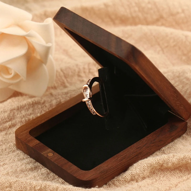 

U90E Rotating Ring Box Rustic Wedding Ring Bearer Box Square Thin Wooden Holder Box