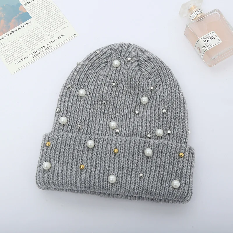 Модные шапки с жемчугом женские зимние вязаные мягкая шапка женская для девочек
