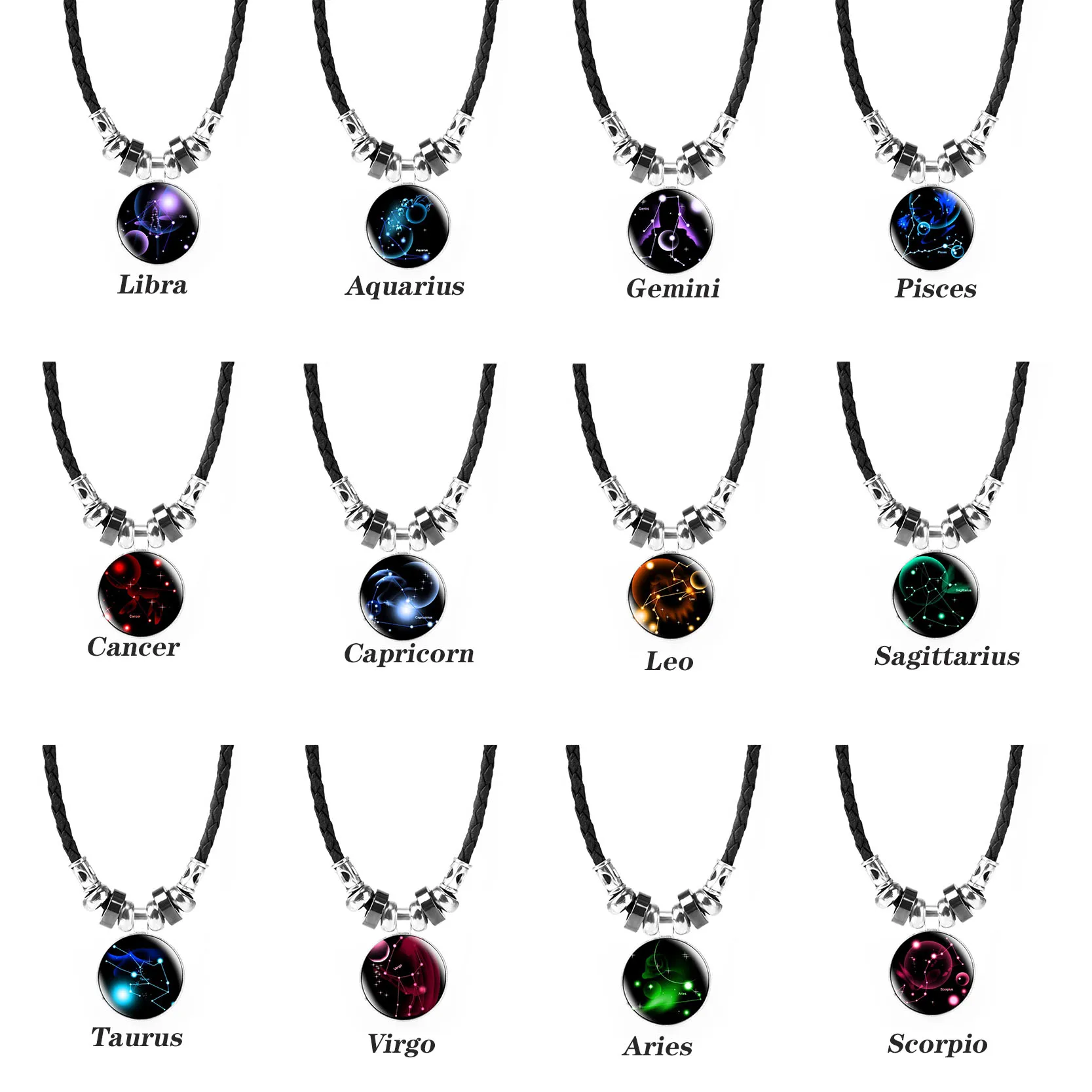 Ретро панк кожаное ожерелье для мужчин унисекс со стеклянным зодиаком
