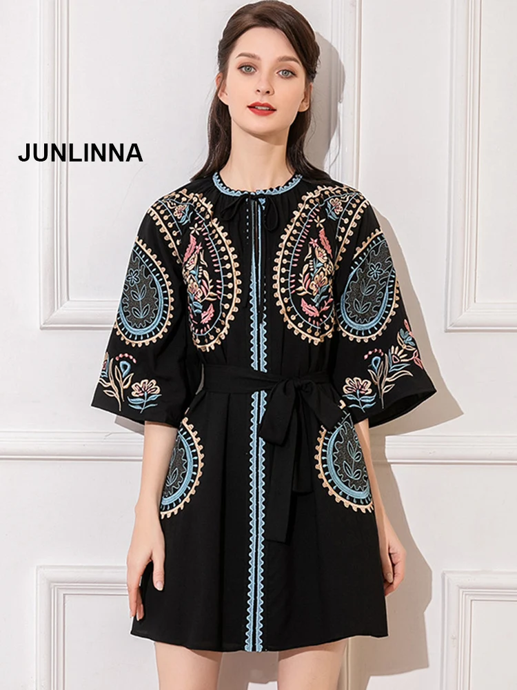 

JUNLINNA Women's Ethnic Dress Crew Neck 3/4 Sleeve Fashion Elegant Embrodiery Dresses Spring New Sashes Sliming Vestidos