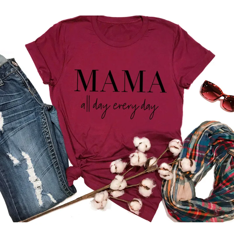 burgundy--black text MAMA all day every/футболка Tumblr 90 s, повседневная хипстерская футболка унисекс, стильный топ с короткими рукавами, верхняя одежда с надписью Mama, модная футболка для девочек - Цвет: burgundy--black text