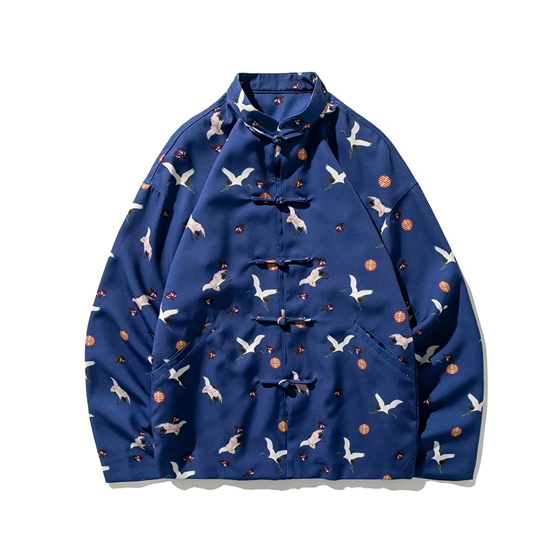 

MRDONOO Chinese Style Autumn Jacket Crane Printed Coat Stand Collar Loose Large Size Couple Tang Jacket Dropshipping