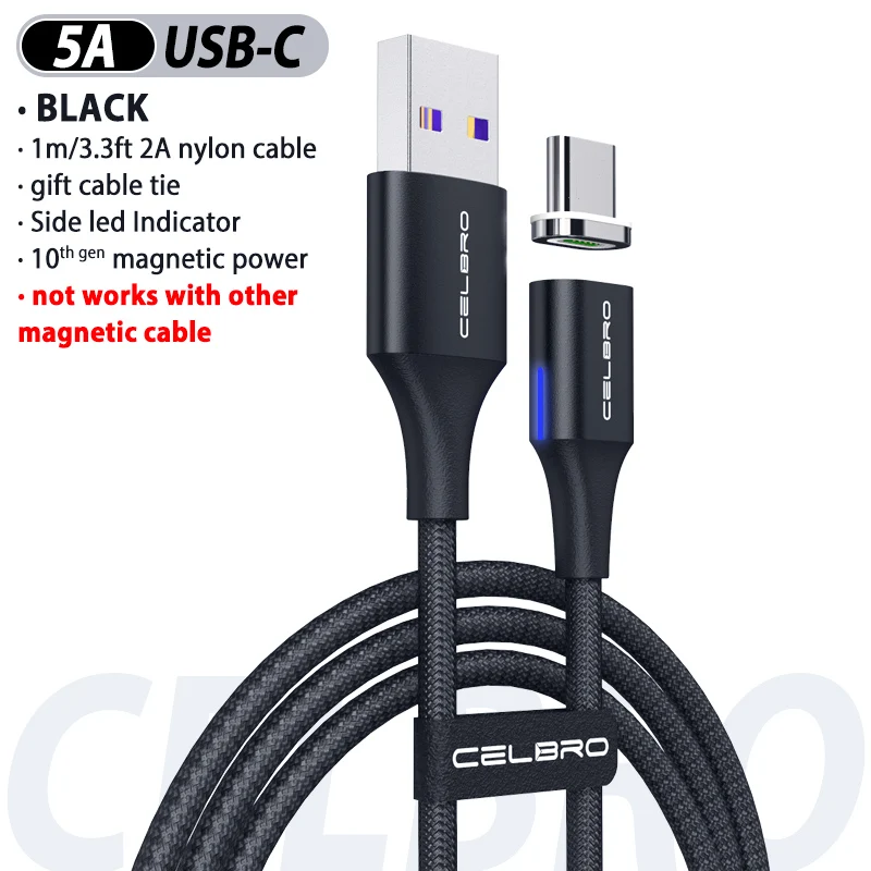 black for Type c 5A 5А Магнитный кабель для быстрой зарядки mi cro Usb шнур для Xiao mi A3 A2 mi 9 Cabos 3 м светодиодный светильник Usb Type C кабель 3,1 кабель для быстрой зарядки - Цвет: black for Type c 5A
