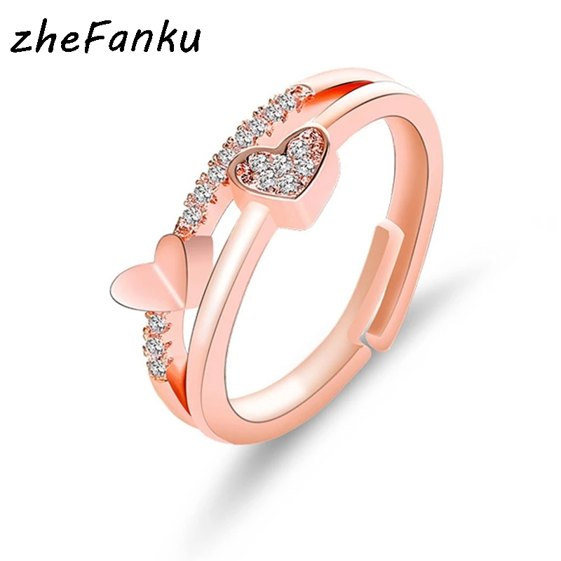 Корейский витое Сердце Стразы Открытое кольцо розовое золото цветное на палец