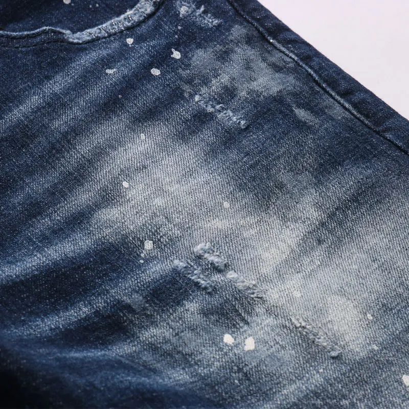 European Street Fashion Men Jeans Retro Dark Blue Distressed Slim Fit Ripped Jeans Men Painted Designer Hip Hop Denim Punk Pants