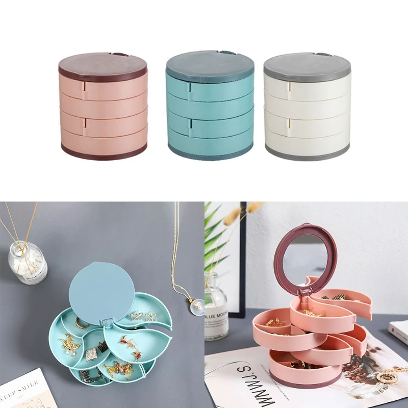 

Jewelry Organizer Case with Mirror 4 Layers 360 Degree Rotating Storage Box Necklace Bracelet Ring Earring Display Tray