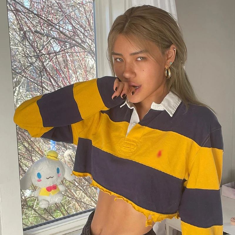 

Женские повседневные свитшоты в стиле пэчворк, Женский пуловер в полоску с длинным рукавом, пуловер с отложным воротником и пуговицами, осе...