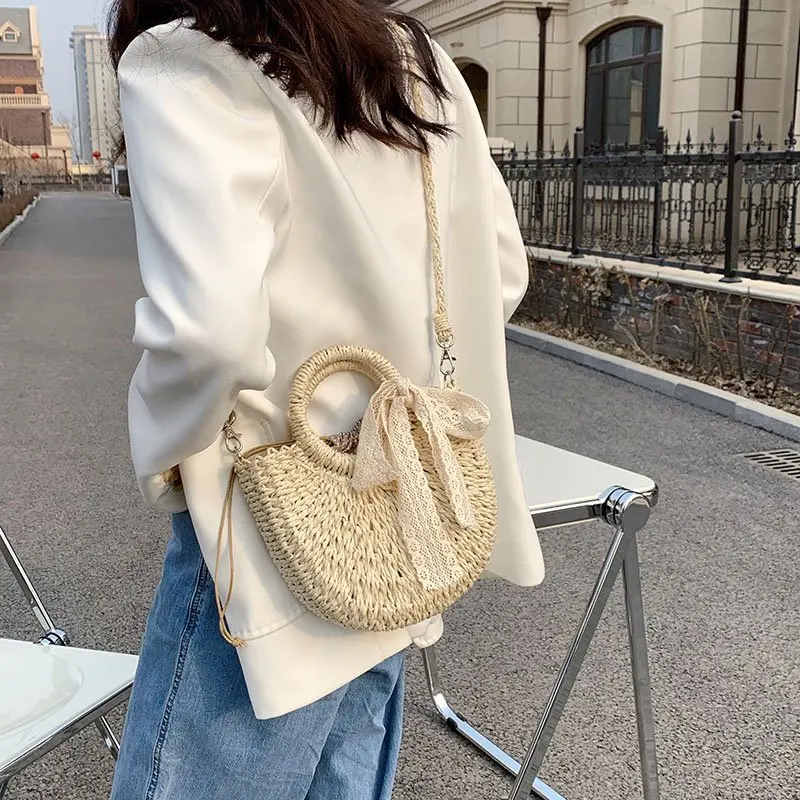 Summer Brand Straw Bag Women Hand-Woven Handbag Moon Shape Lace Bow Rattan Bag Drawstring Casual Beach Shoulder Crossbody Bag
