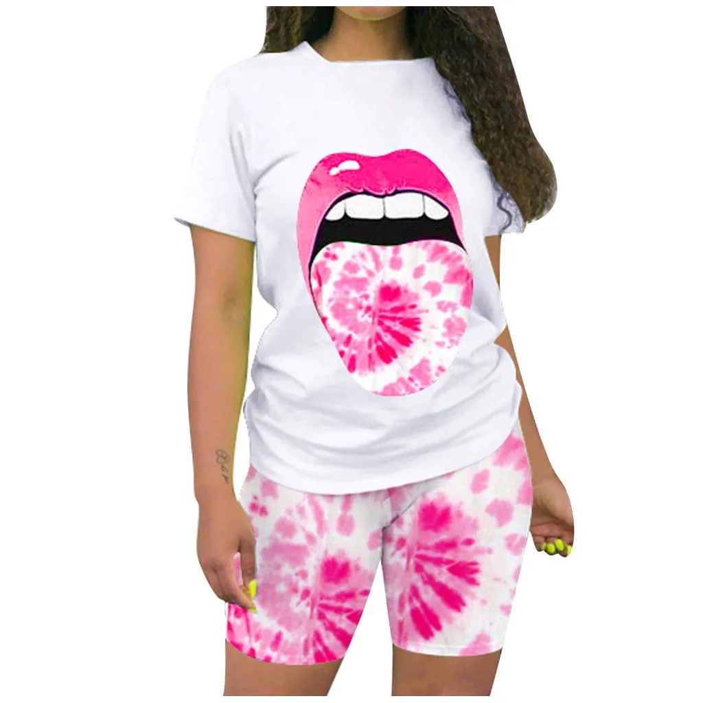

Women Two Piece Set Short Sleeve T Shirts Short Pants Tie-dye Print Set Summer O-neck Casual Joggers Biker Short Sexy Woman Set
