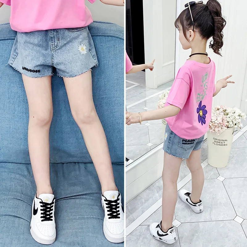 Шорты детские джинсовые с вышивкой ромашки модные повседневные короткие штаны